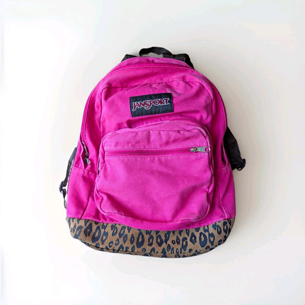 JanSport Originals Backpack Pink Leopard Suede Bottom 3 Pockets Laptop Sleeve